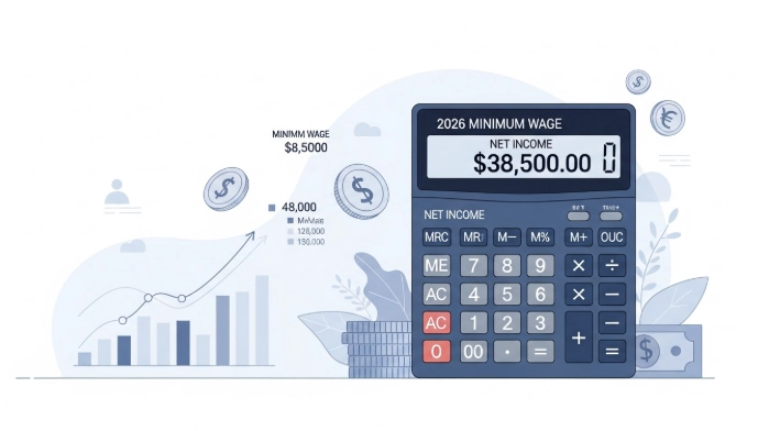 2026년 최저임금 계산기가 세전 월급과 실수령액을 보여주는 모습