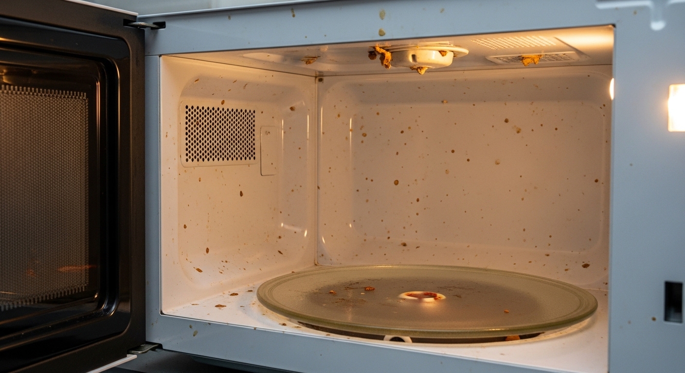 음식물 찌꺼기와 생선 비린내로 가득한 더러운 전자레인지 내부 오염 상태