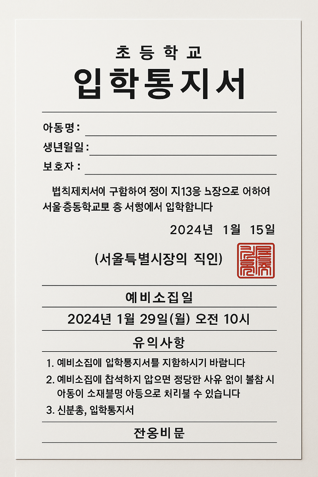 초등학교 입학 통지서