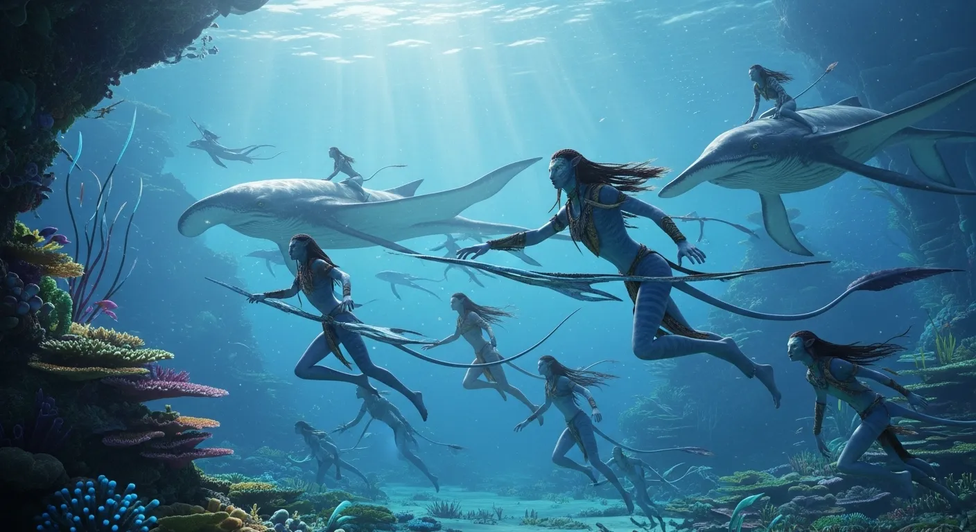 새롭게 등장한 멧카이나 부족이 판도라 행성의 아름다운 산호초 사이를 유영하는 모습. 독특한 신체 구조와 해양 생물과의 교감 능력이 돋보인다.