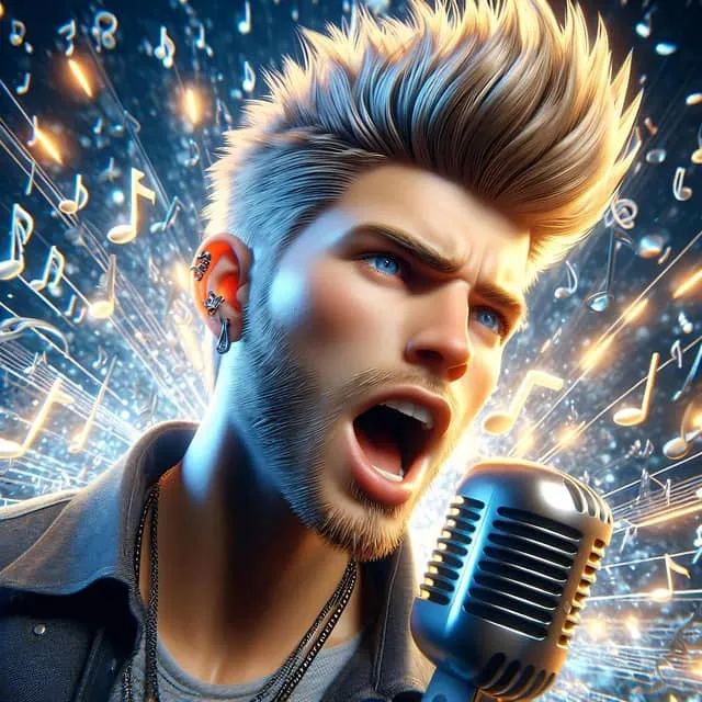 강렬한 표정으로 노래를 부르는 남성 캐릭터가 마이크 앞에 서 있으며, 배경에는 빛나는 음표와 사운드 웨이브가 폭발적으로 퍼지고 있다. 현대적인 스타일과 에너지 넘치는 분위기를 표현한 AI 일러스트.