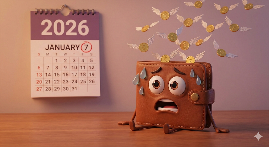 2026년 국민연금 개혁으로 인해 홀쭉해진 지갑 캐릭터가 땀을 흘리며 돈이 날아가는 것을 보고 놀라는 모습