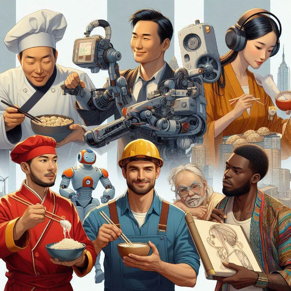 다양한 직업을 가진 사람들, 로봇과 인간이 함께 일하며 음식을 공유하는 장면. 요리사, 엔지니어, 아티스트, 로봇과 같은 직업