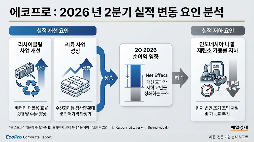 에코프로의 2분기 리사이클링&middot;리튬 사업 개선과 인도네시아 니켈 제련소 가동률 부담을 보여주는 실적 분석 이미지