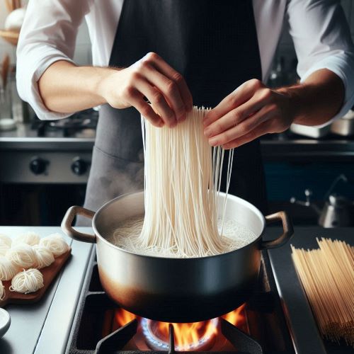 쉐프가 국수를 삶고 있다