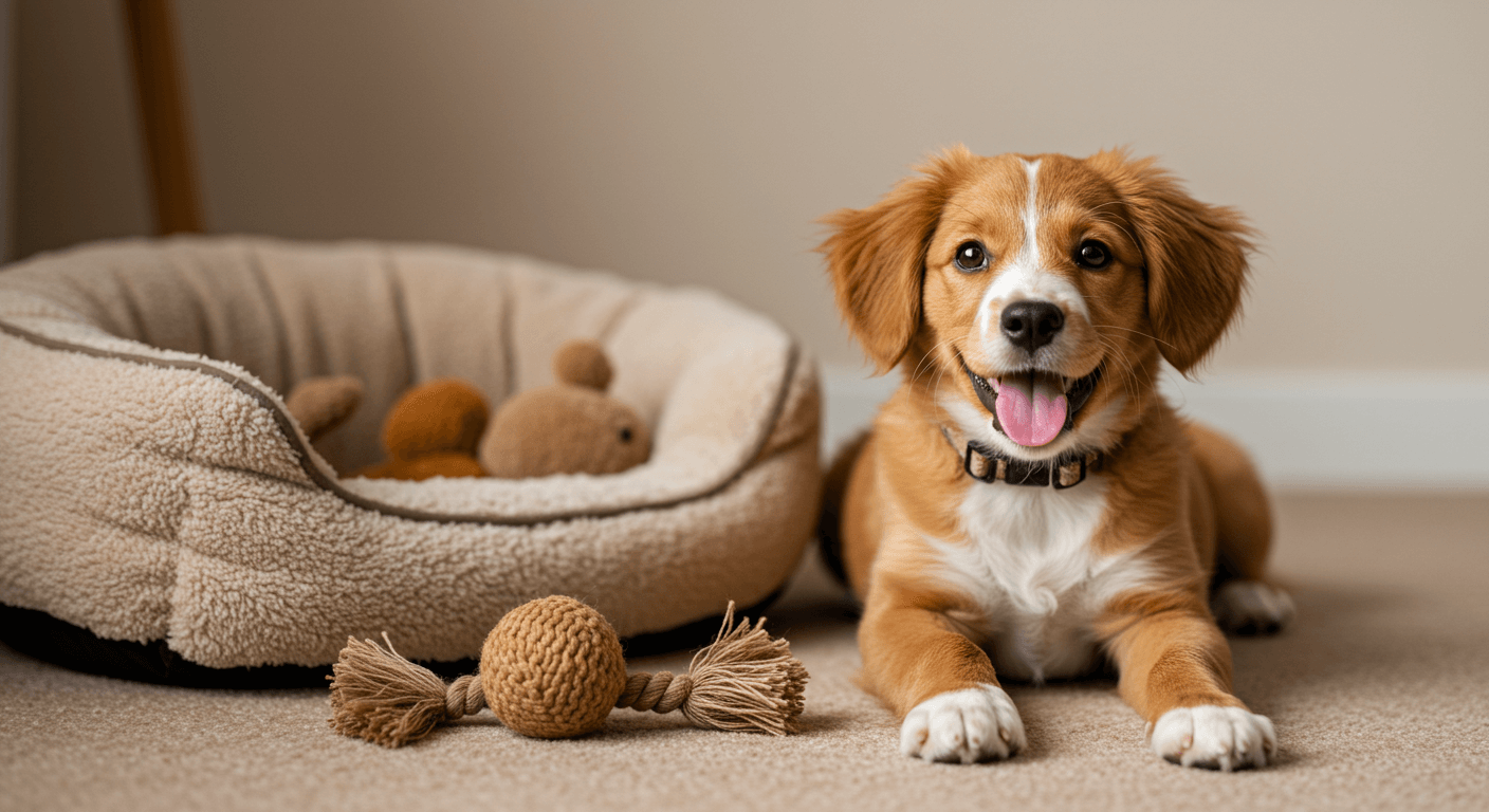 cute puppy looking happy and comfortable in a new home with toys and a cozy bed
