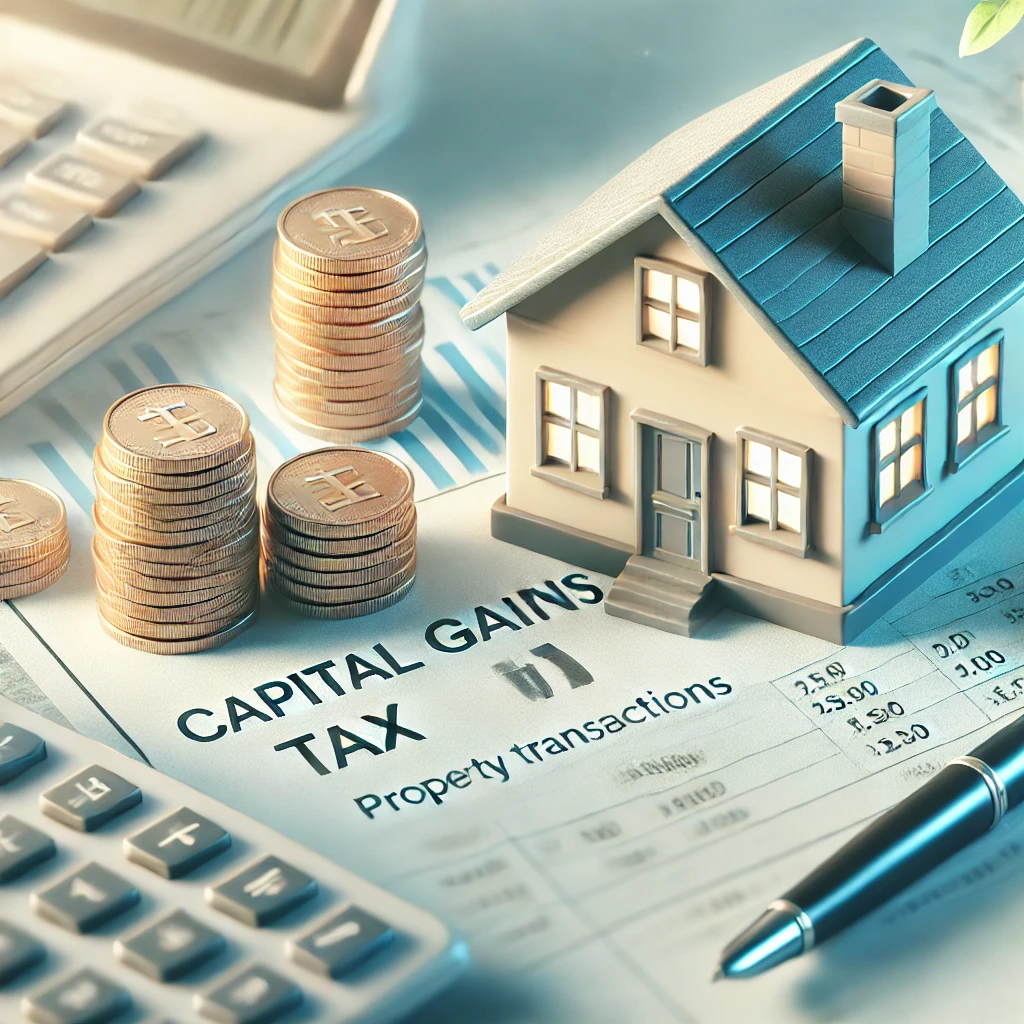 양도소득세 계산과 재정 계획을 위한 세금 서류와 집 모형 이미지