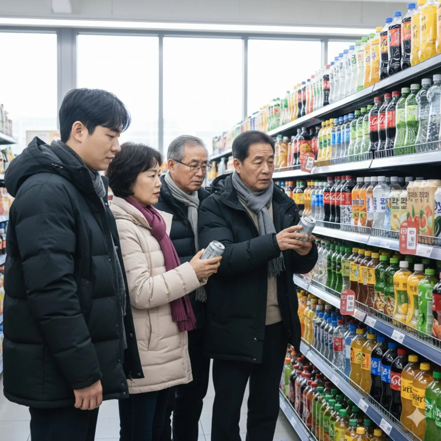 마트 음료 진열대 앞에서 가당음료와 무가당 음료를 비교하며 성분표를 확인하는 소비자들의 모습