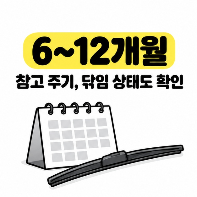 6~12개월 참고 주기와 닦임 상태 확인을 안내하는 달력과 와이퍼 그림