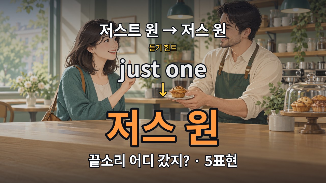저스트 원에서 저스 원으로 이어지는 영어 끝소리 발음과 일상 표현 5개를 소개하는 영상 대표 이미지
