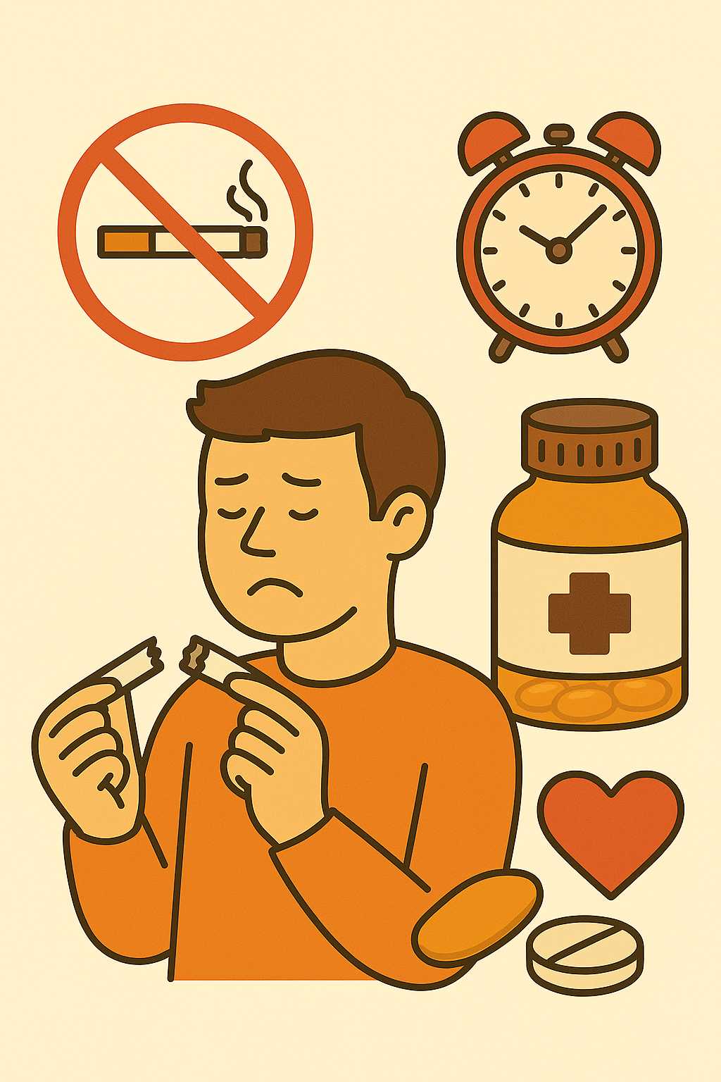 금연을 실천하기 위해 담배와 니코틴 패치, 신선한 과일과 건강한 생활 방식을 상징하는 그림