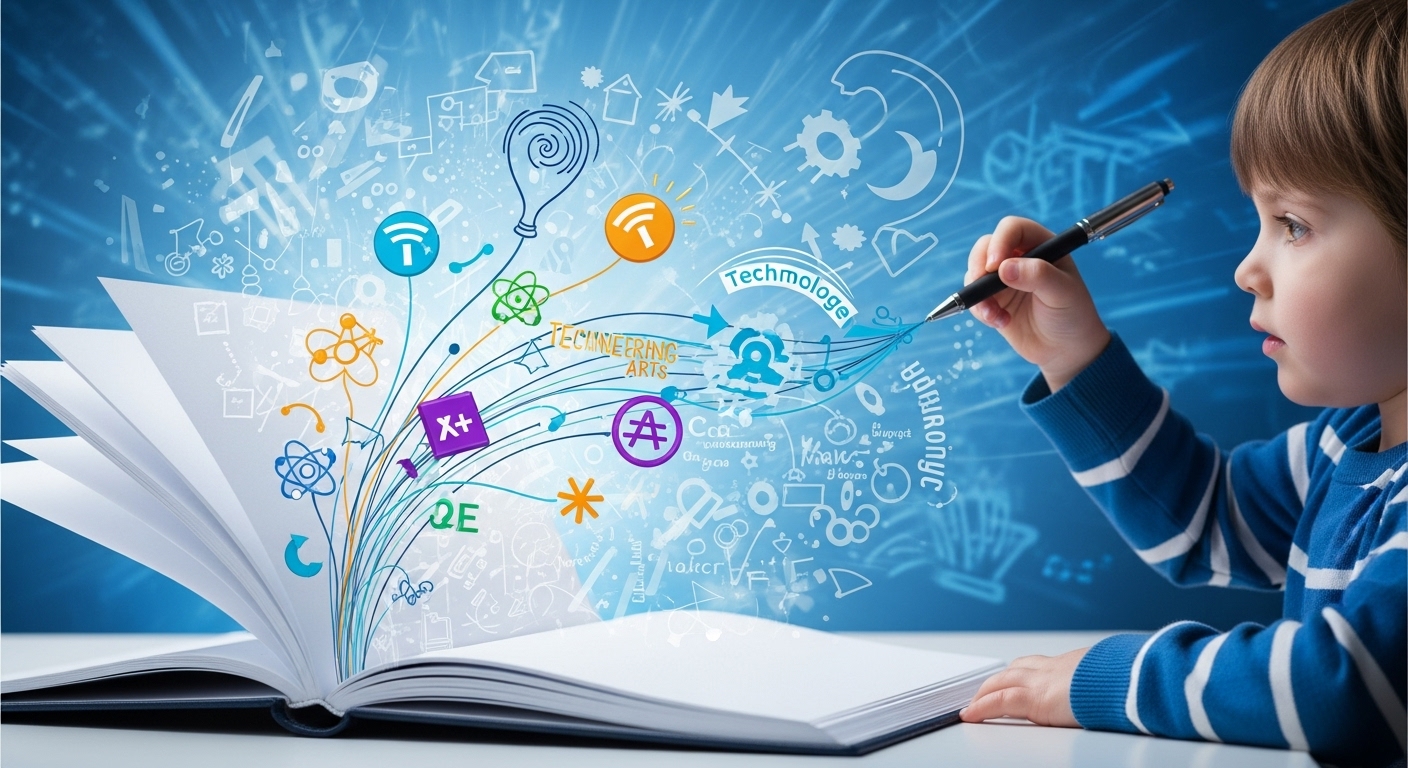 아이가 펜으로 글을 쓰자, 그 내용이 STEAM 교육의 요소를 나타내는 기호로 변하는 모습을 담은 이미지