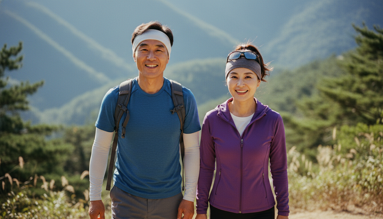 햇살이 비치는 산길을 등산하며 자신감 있게 미소 짓는 건강한 50대 한국인 남녀의 클로즈업, 리얼리즘, 아웃도어 스포츠웨어 착용, 자연광, 심도 표현, 고해상도.
