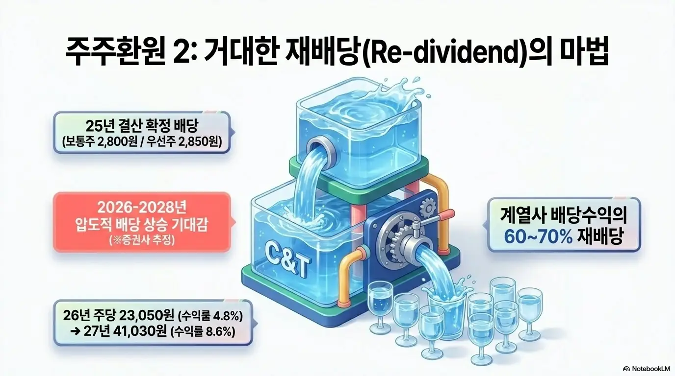 삼성물산 주가 전망: 삼성물산의 재배당 구조를 물탱크 그림으로 보여주는 인포그래픽. 2025년 결산 확정 배당 보통주 2,800원·우선주 2,850원, 계열사 배당수익의 60~70% 재배당, 증권사 추정 기준 2026년 주당 23,050원(수익률 4.8%)에서 2027년 41,030원(수익률 8.6%)으로 늘 것이라는 기대를 나타내며, 블로그의 삼성물산 주가 전망과 배당 주제를 시각적으로 설명함