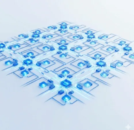 IBM 퀀텀 나이트호크: 나이트호크 프로세서의 높은 연결 밀도를 보여주는 이미지. 수많은 큐비트와 튜너블 커플러가 복잡하게 연결되어 빛나는 네트워크를 형성하고 있으며, 향상된 연결성과 회로 복잡도 실행 능력을 상징합니다. (High-density tunable coupler network, IBM Quantum Nighthawk connectivity)