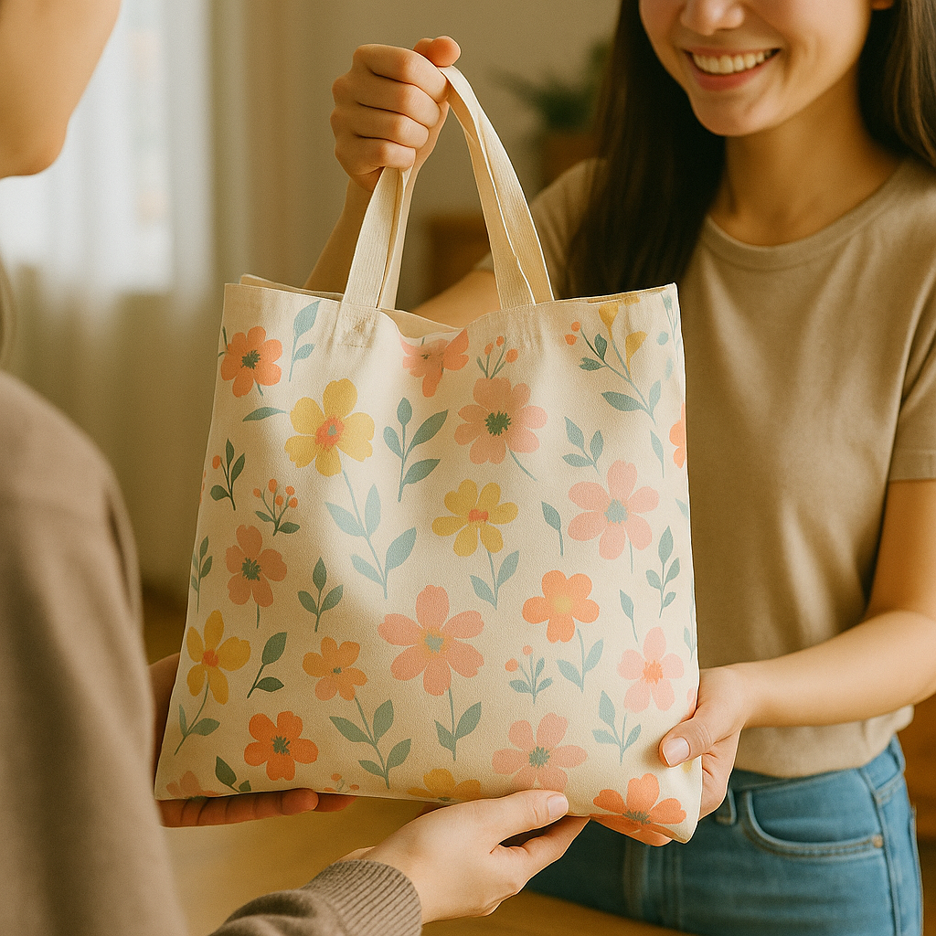 플로럴 패턴의 에코백에 선물을 담아 건네는 두 사람의 따뜻한 교류 장면. 한 사람이 웃으며 에코백을 건네고, 다른 사람이 손으로 받는 모습