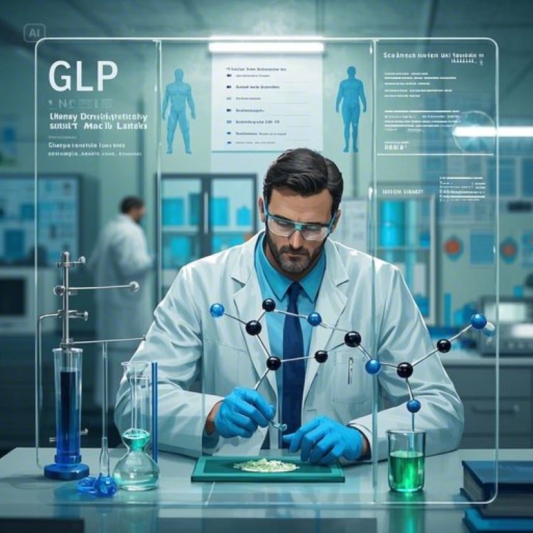 현대적인 의료 연구실에서 과학자가 비만 치료제 마운자로의 분자 구조를 연구하는 모습. 배경에는 체중 감량 그래프와 GIP/GLP-1 수용체 작용 메커니즘을 보여주는 인포그래픽이 있으며, 깔끔하고 전문적인 의료진의 모습으로 신뢰감을 주는 이미지