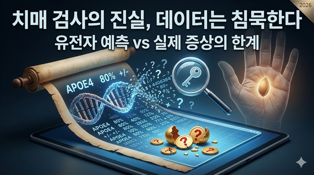 APOE4 유전자 수치와 실제 증상의 한계를 상징하는 3D 그래픽과 '데이터는 침묵한다'는 메시지가 포함된 인포그래픽