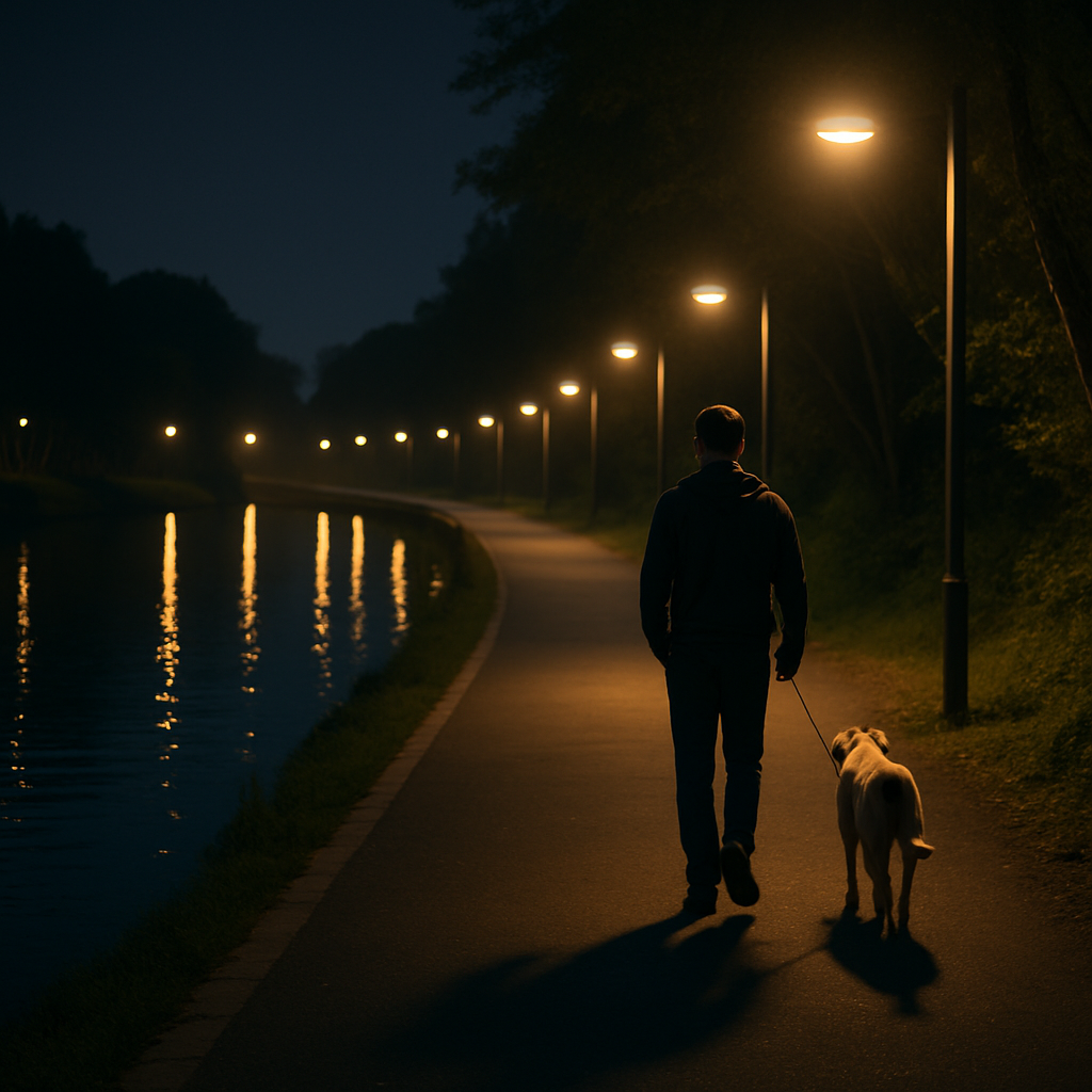 ALT: 양재천 강변 산책로를 따라 가로등이 물빛에 반사되고, 한 남성과 강아지가 조용히 산책하고 있다.