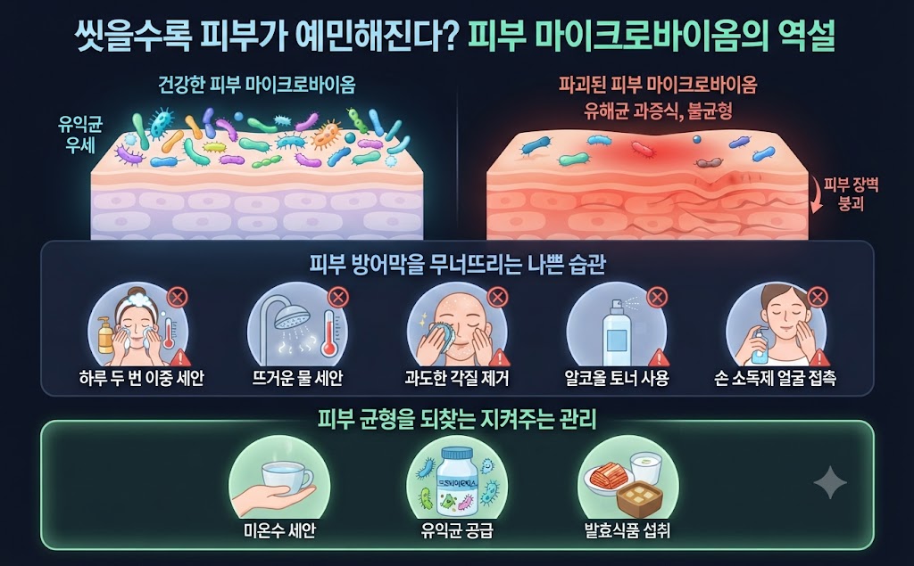 "건강한 피부 마이크로바이옴과 파괴된 마이크로바이옴의 피부 단면을 비교하고, 피부 방어막을 무너뜨리는 나쁜 습관(이중 세안, 뜨거운 물, 스크럽, 알코올 토너, 손 소독제)과 이를 지키는 관리법을 요약한 인포그래픽 이미지."
