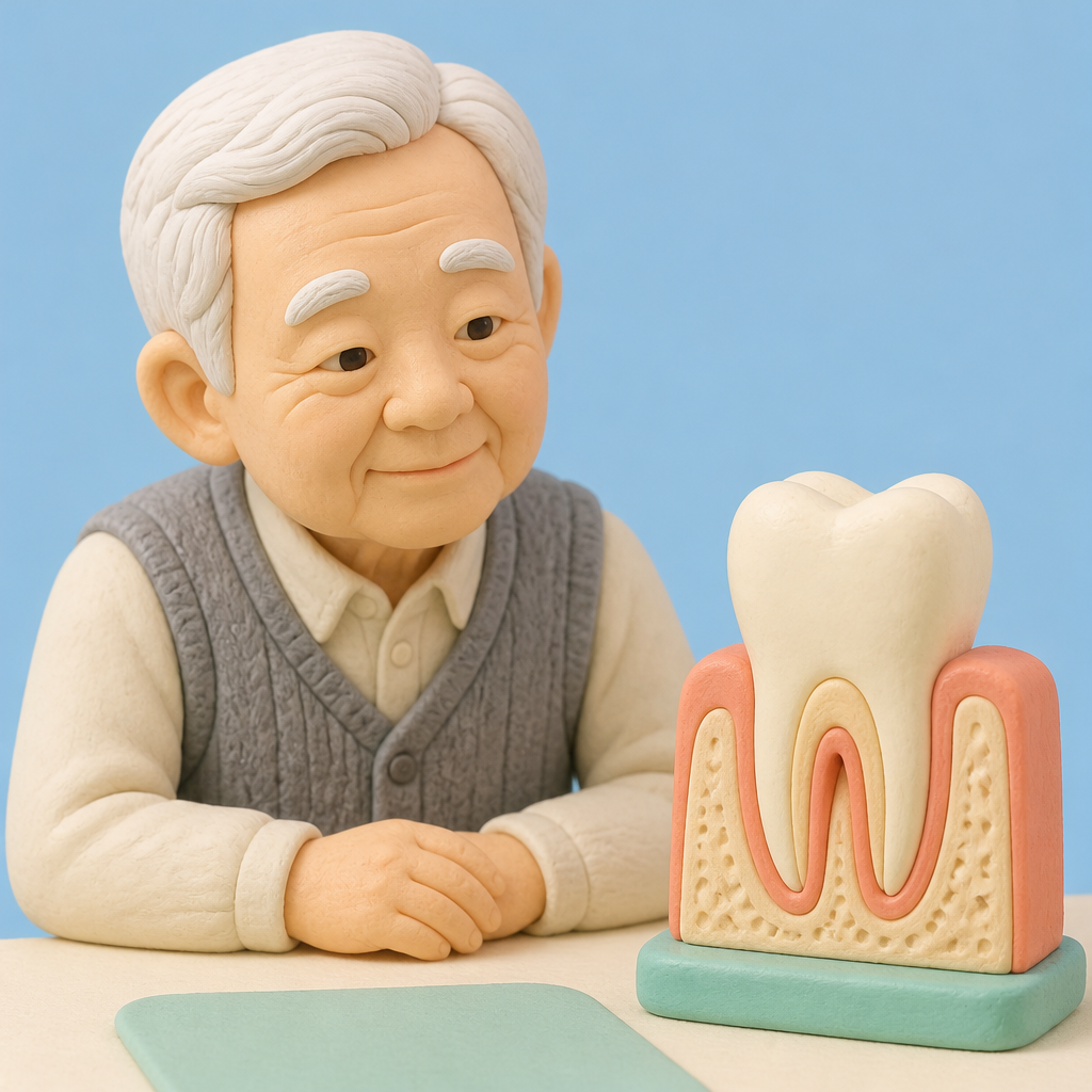 치과 상담실 책상에서 치아 모형을 보는 70대 남성