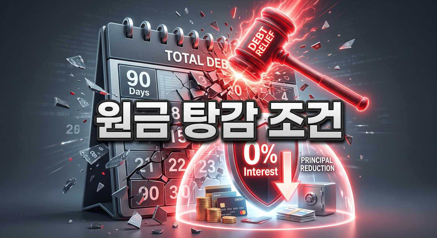'90일'이라고 적힌 무거운 디지털 달력이 채무 구제를 상징하는 강력하게 빛나는 붉은색 망치에 의해 산산조각 나고, 그 아래로 '이자 0%'와 원금 감면을 의미하는 하락 화살표가 그려진 방패가 자산을 보호하는 3D 일러스트 배경에, 짙은 그림자와 외곽선으로 선명하게 강조된 '원금 탕감 조건'이라는 한글 문구가 중앙에 적힌 이미지