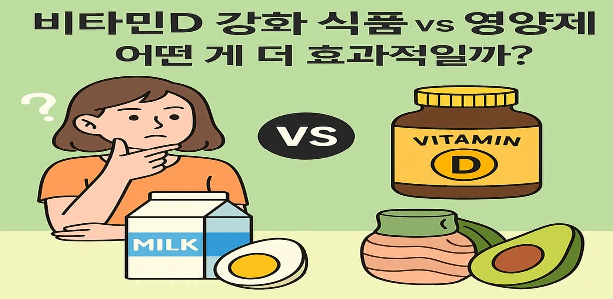 비타민D 강화 우유·달걀과 비타민D 보충제를 비교하는 여성의 인포그래픽, 효과 비교 중심 구성