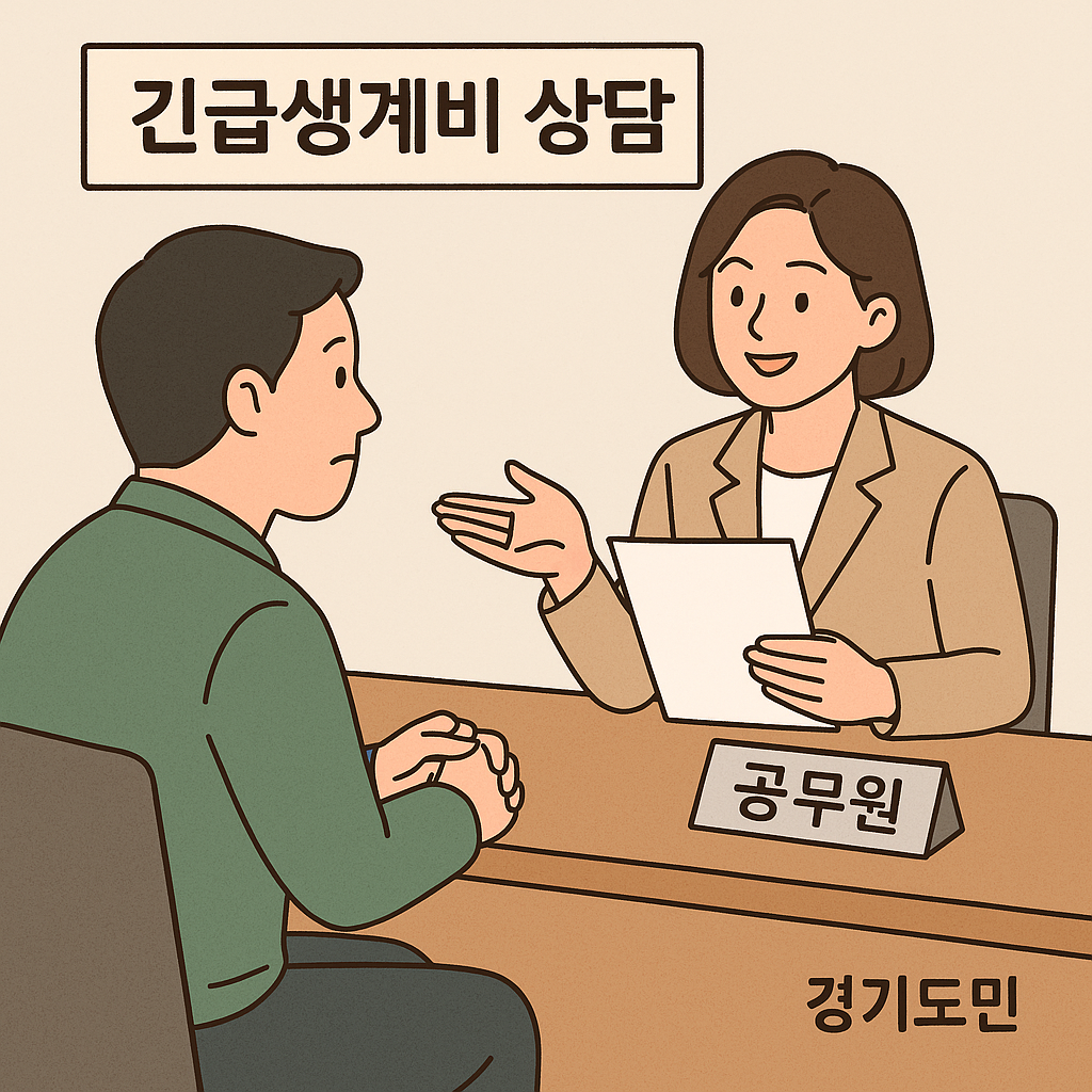 긴급생계비를 상담 중인 경기도민과 공무원의 모습 일러스트