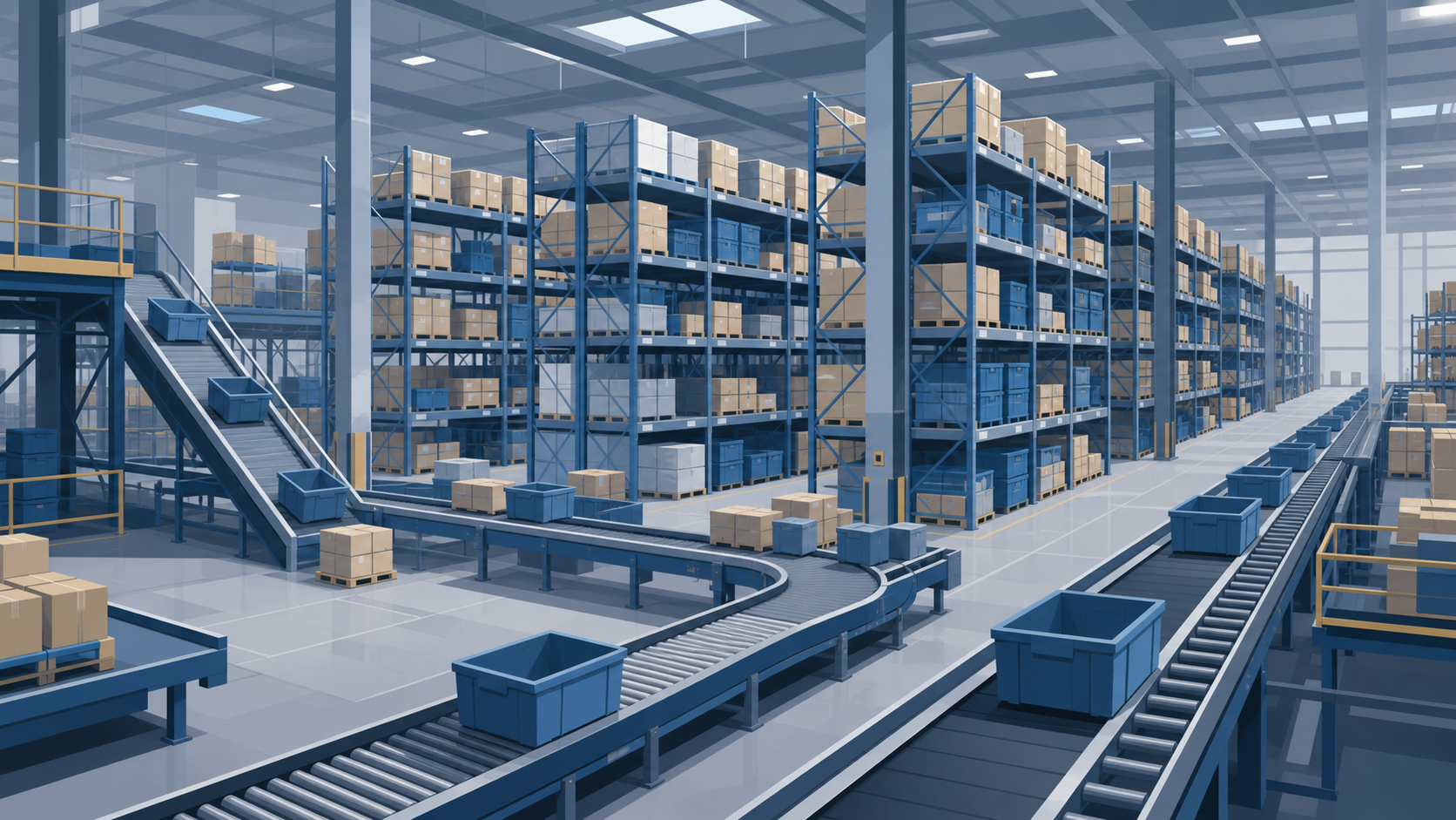 a flat illustration of a large logistics warehouse interior with tall shelving rows and conveyor belts, no people faces, muted blue and grey palette