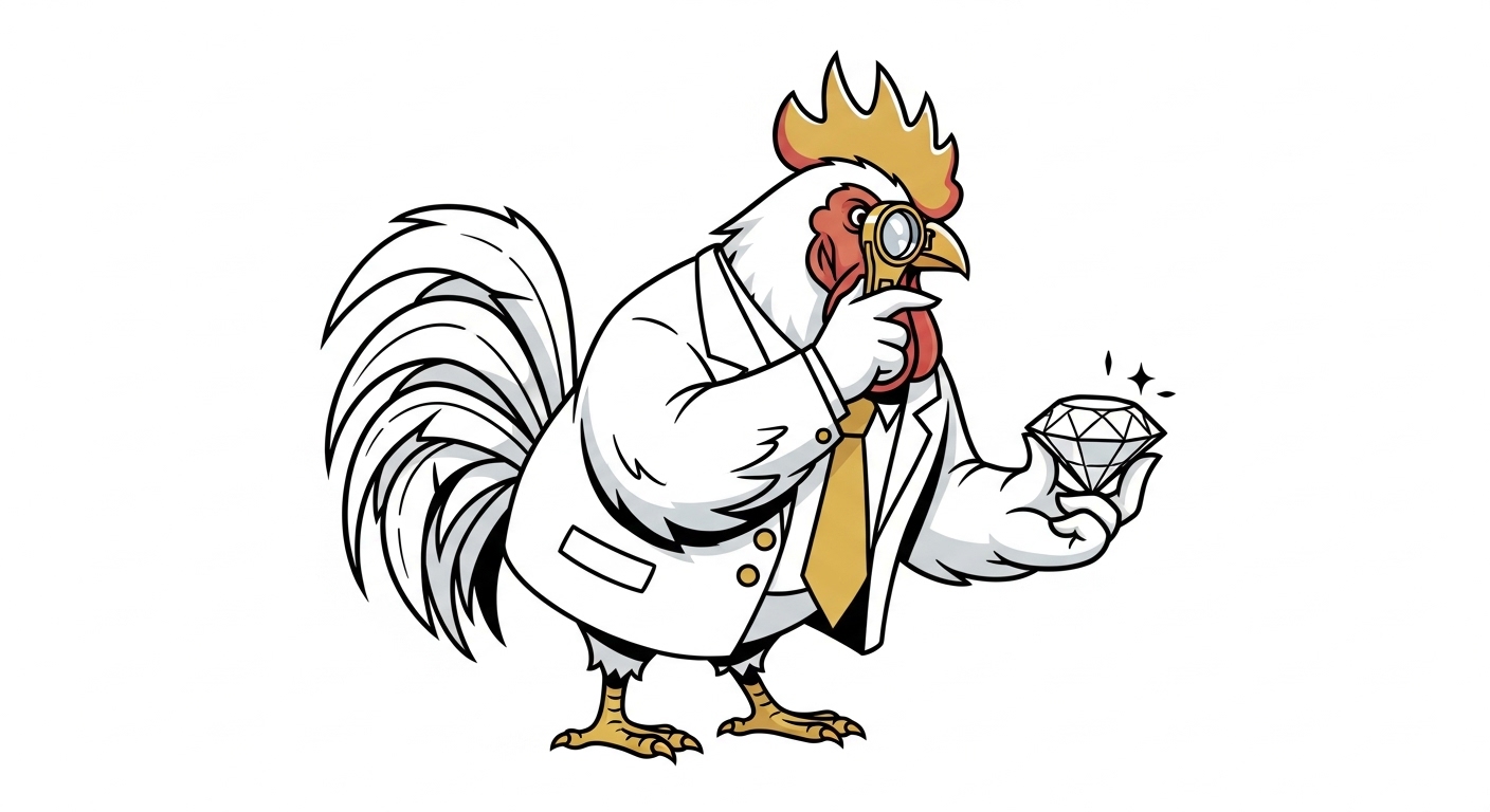 루페로 보석을 감정하듯 날카로운 눈빛으로 완벽을 추구하는 전문가 닭 캐릭터 일러스트