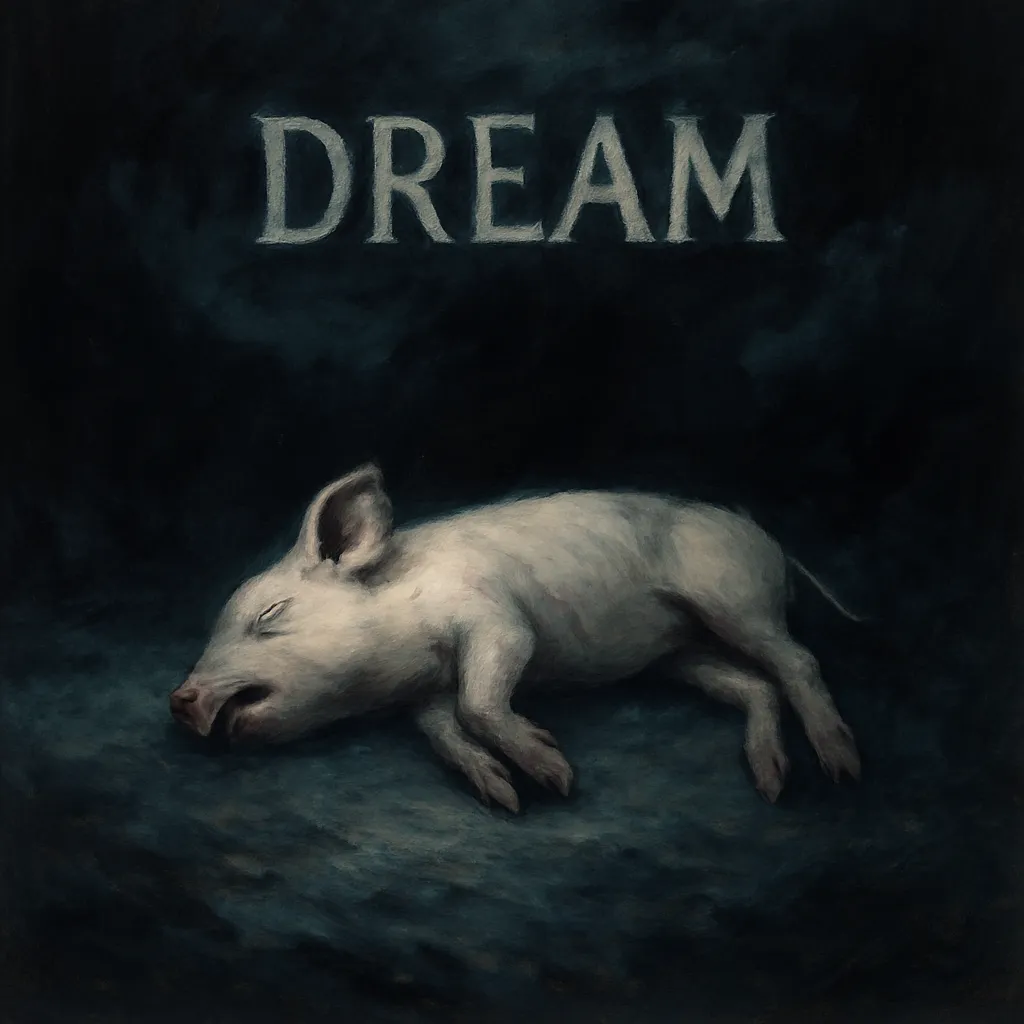 어두운 공간에 누워 있는 죽은 새끼돼지를 표현한 꿈 해몽 이미지