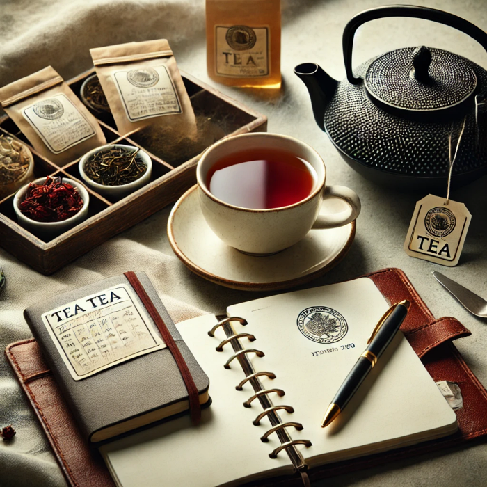 혈당 관리 다이어리와 차로 꾸며진 장면