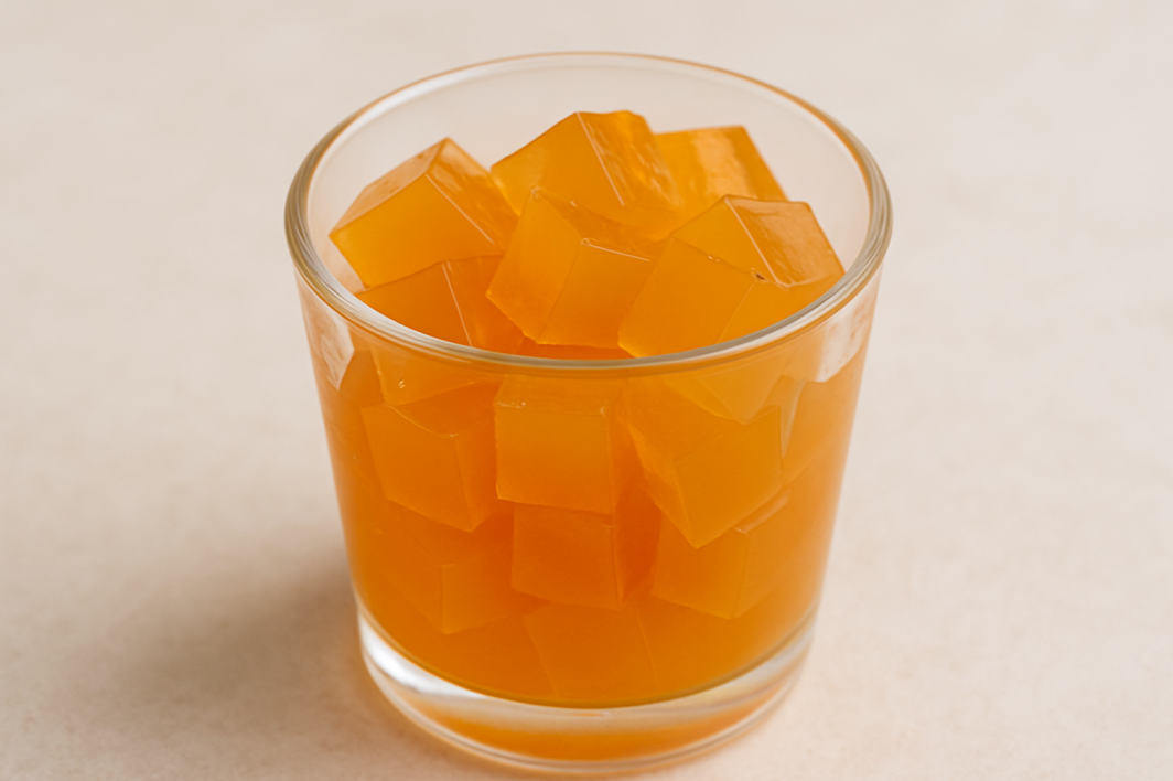 투명 컵에 담긴 오렌지색 곤약젤리, 다이어트용 초저칼로리 간식