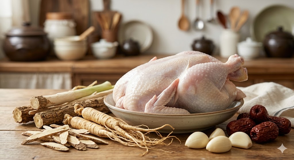 The basic ingredients for Samgyetang arranged on a wooden table. A neatly cleaned whole raw chicken is placed on a white plate in the center, surrounded by two fresh ginseng roots, whole garlic cloves, dried jujubes, milk vetch root (hwanggi), castor aralia (eomnamu) bark, and green onions. The background shows a cozy and neat kitchen scene.