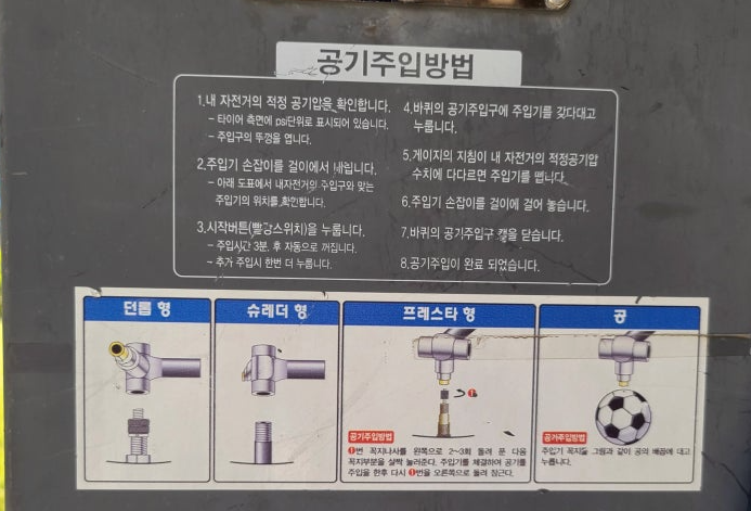 공기압기계모습. 헤드형태에 대한 안내도 나와있다.