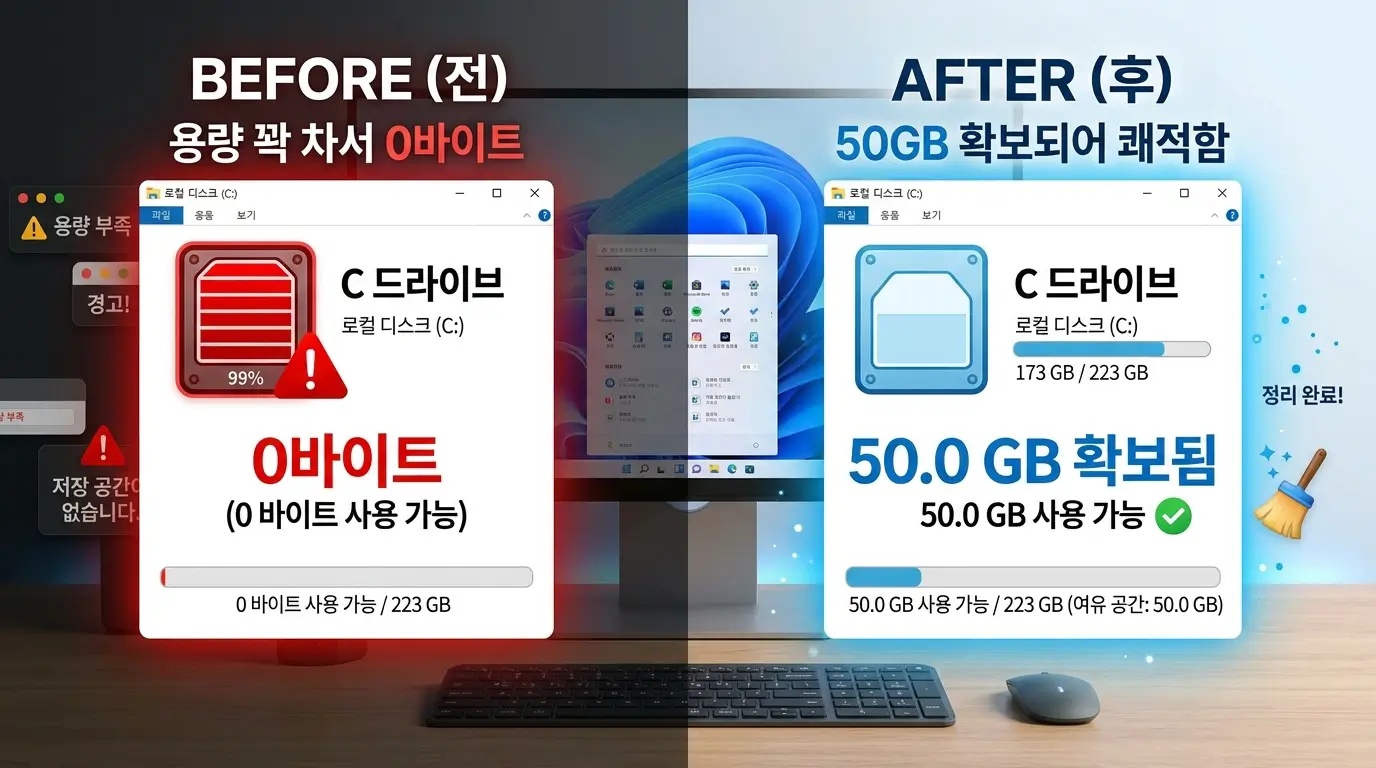 용량이 꽉 차서 0바이트로 빨간색 경고가 뜬 C드라이브와 50GB가 확보되어 파란색으로 변한 쾌적한 드라이브의 전후 비교 화면