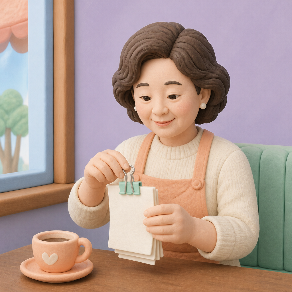 카페 창가 자리에서 영수증을 모아 클립으로 묶는 중년 여성