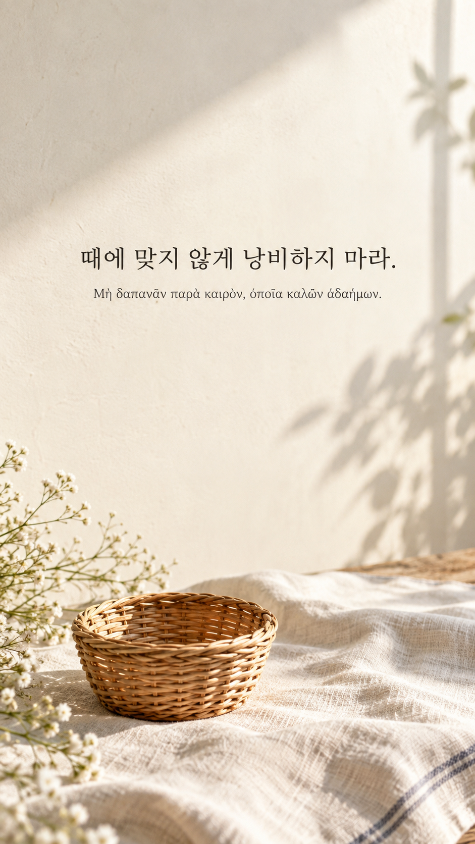 피타고라스 전통 황금시 21 때에 맞지 않게 낭비하지 마라. 밝은 천 위 놓인 비어 있는 작은 바구니 배경의 한글&middot;그리스어 세로 이미지