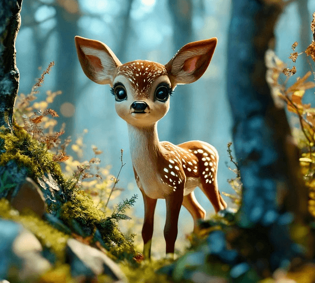 숲속에서 귀여운 아기사슴이 서 있다. 두 눈은 크고 까만색이고 몸은 갈색이고 하얀 반점들이 가득하다.