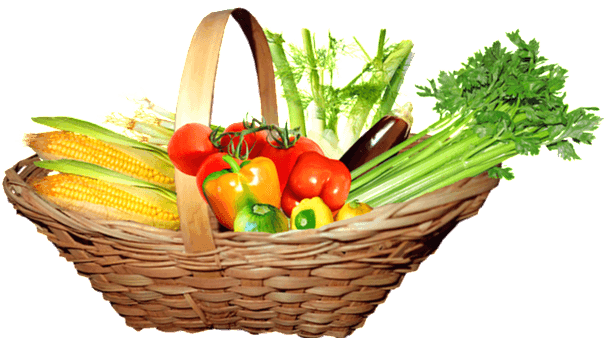 갈색 바구니에 초록색 셀러리와 옥수수와 파프리카와 방울 토마토가 있다.