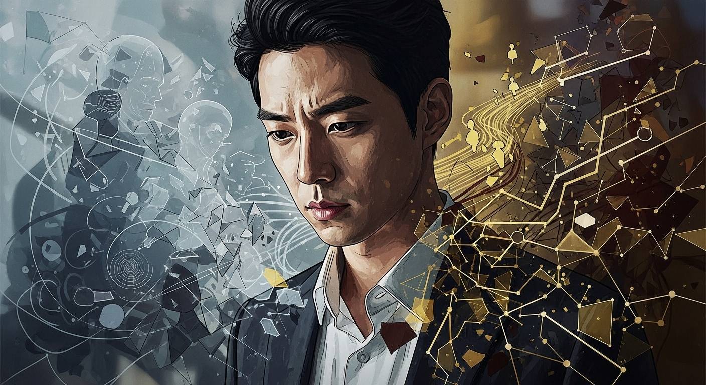 심각한 표정으로 생각에 잠긴 배우 조진웅의 모습. 복잡한 상황과 미래에 대한 고민을 암시합니다.