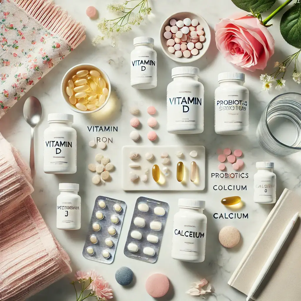 여성 건강을 위한 필수 영양제를 담은 깔끔한 플랫레이 이미지. 철분, 비타민 D, 프로바이오틱스, 오메가-3, 칼슘 등의 보충제가 흰 대리석 배경 위에 정돈되어 있으며, 옆에는 장미꽃, 물컵, 수건, 노트가 함께 배치되어 건강하고 여성스러운 분위기를 연출한다