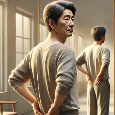 골반 중립을 지키기 위해 허리를 세우는 노인 남성