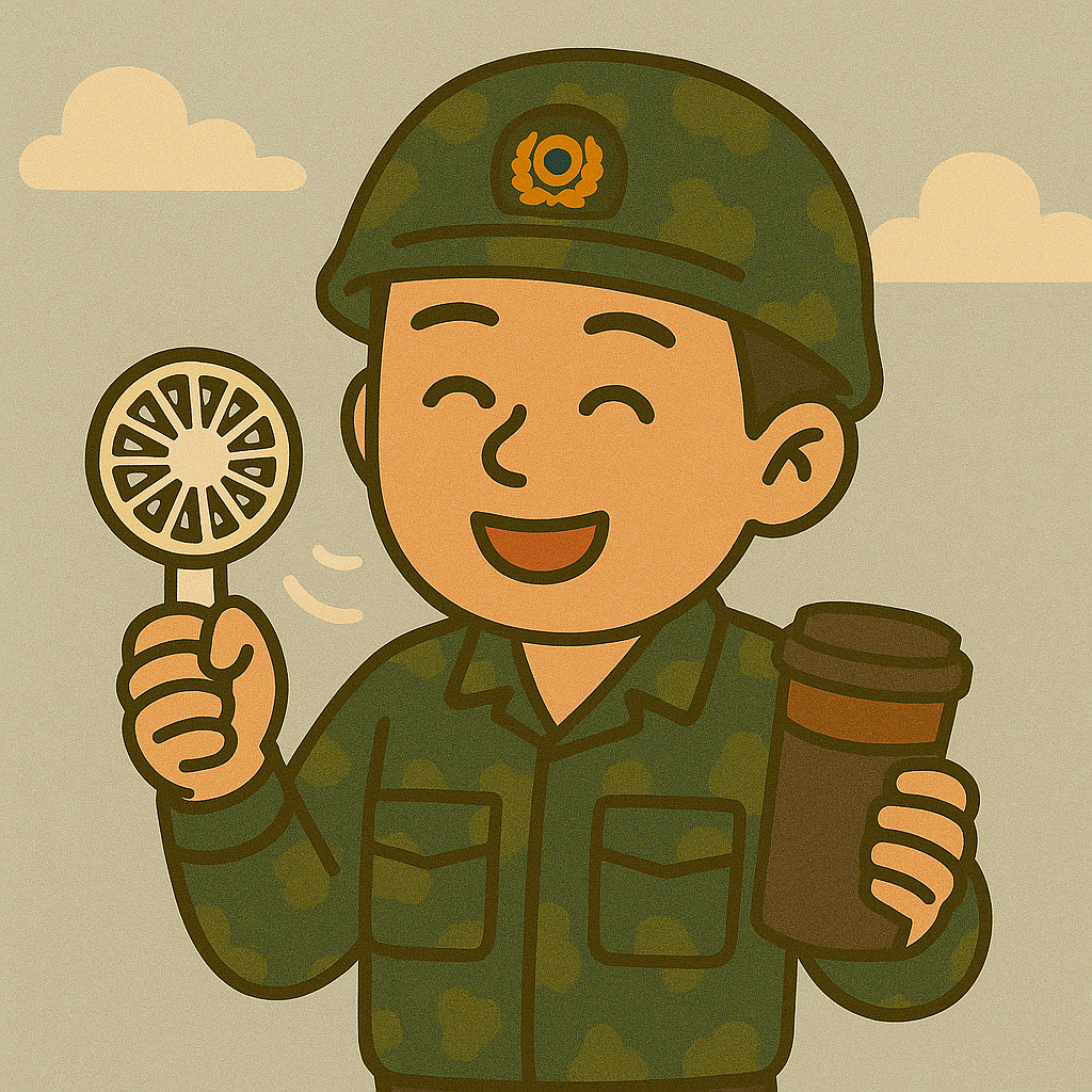 군대 꿀템들을 들고 있는 군인의 모습