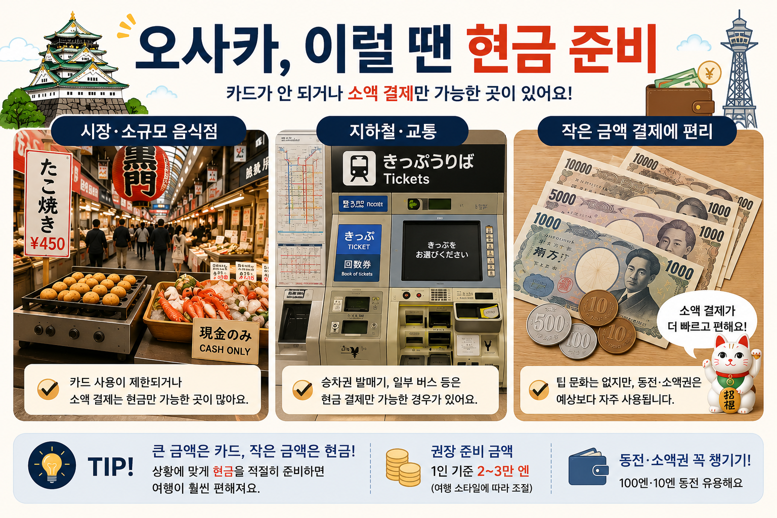 오사카 시장 음식점 교통 이용에서 엔화 현금이 필요한 상황을 보여주는 이미지