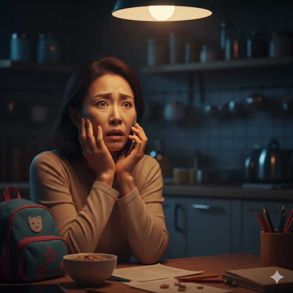 불안한 표정으로 휴대폰을 들고 있는 엄마의 모습과 그 뒤로 보이스피싱 경고 문구가 뜨는 스마트폰 화면