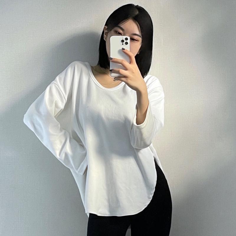 여성 루즈핏 기모 옆트임 브이넥 롱 긴팔 티셔츠
