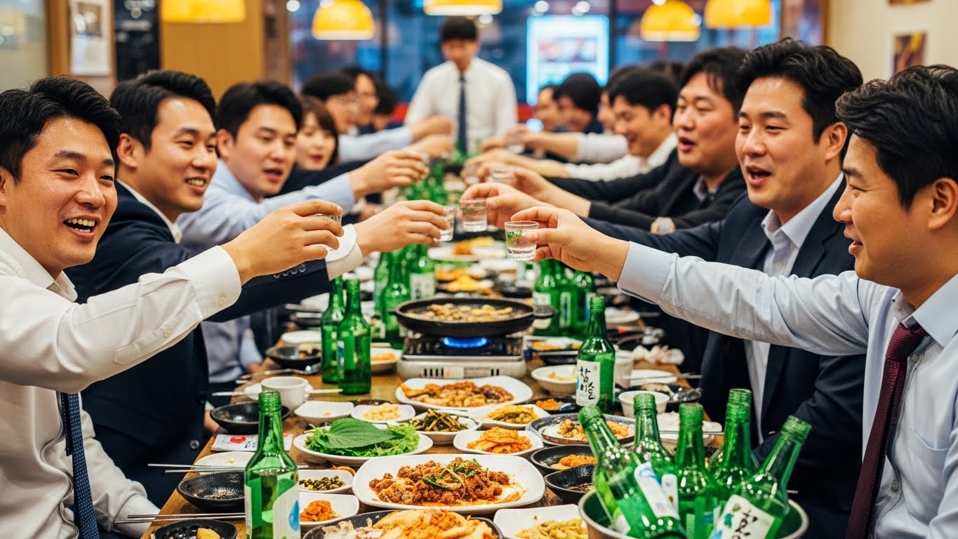 연말 송년회 회식 자리에서 즐겁게 건배를 하며 술을 마시는 한국 직장인들의 모습