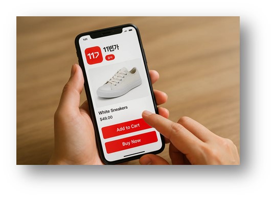 11번가 앱을 스마트폰에 설치해서 신발을 주문하는 장면