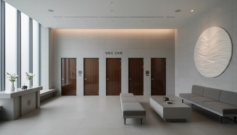 현대적인 화장시설의 차분하고 엄숙한 내부 전경. 고인의 마지막 여정을 배웅하는 경건한 분위기.
